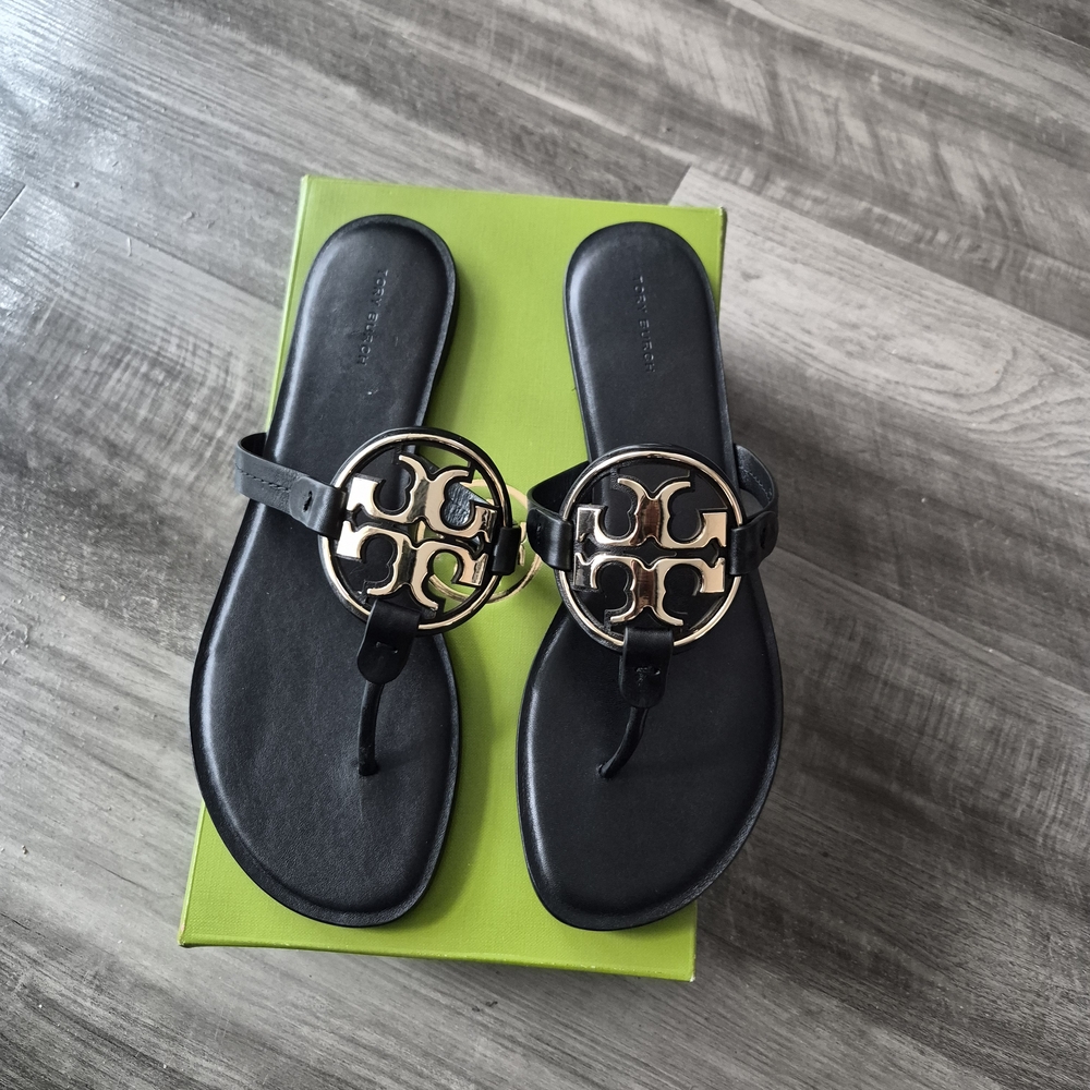 Tory Burch Black Sandals with Gold Emblem